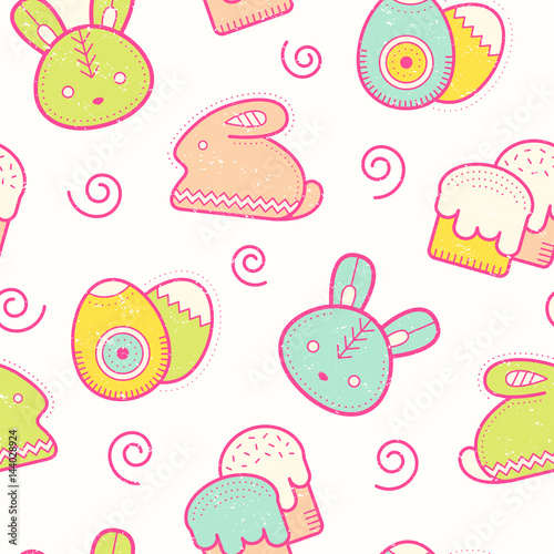 Cute Easter seamless pattern with Easter eggs, rabbit, Easter bunny and Easter cakes