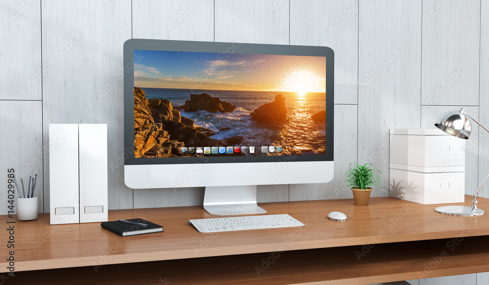 Fototapeta premium Modern workplace interior with computer and devices 3D rendering