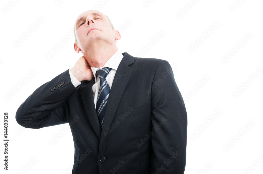 Portrait of senior holding his neck like hurting Portrait of senior holding his neck like hurting