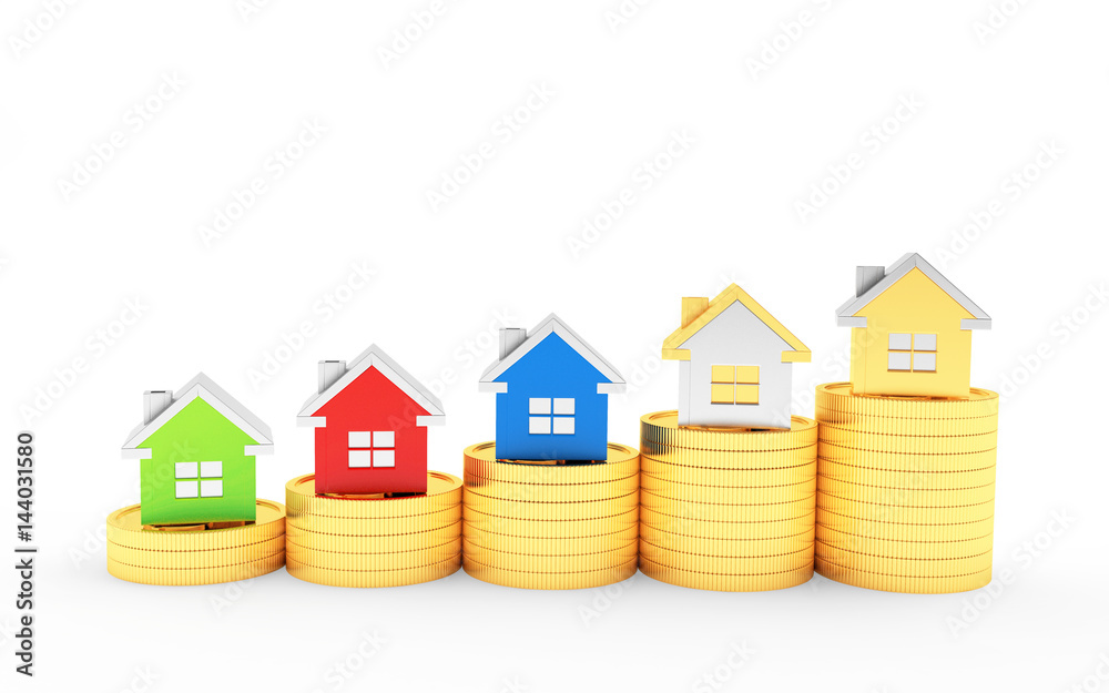 Real estate concept. Graph of colorful houses on golden coins isolated on white background. 3D illustration Real estate concept. Graph of colorful houses on golden coins isolated on white background. 3D illustration