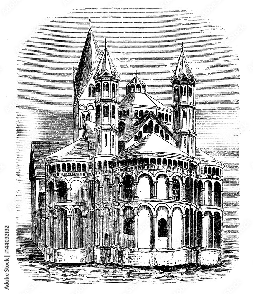 Vintage engraving of  Basilica of the Holy Apostles, built from XI century to XIII century in Cologne (Koeln) Germany in Romanesque and Gothic style.