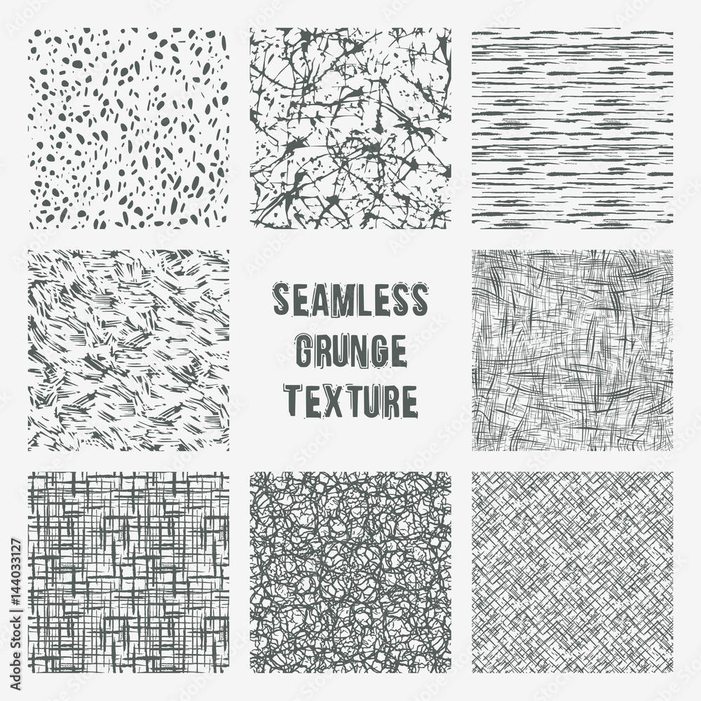 Set of grange seamless patterns. Simple vector scratch textures with dots, strokes and doodles.