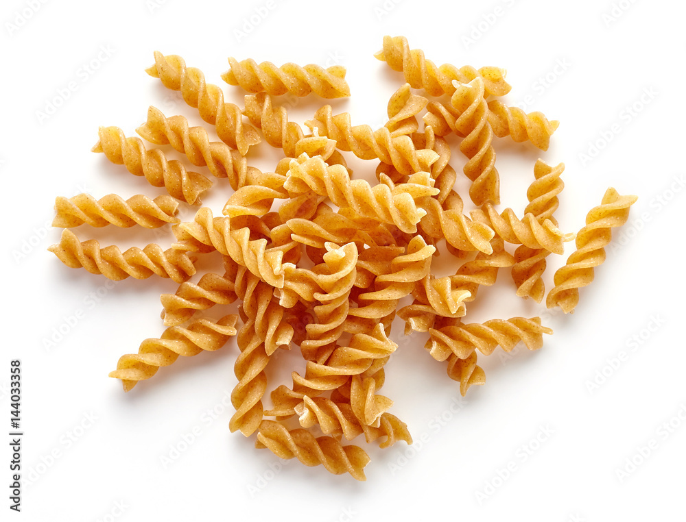 whole grain pasta isolated on white, from above whole grain pasta isolated on white, from above