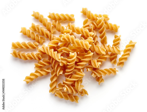 whole grain pasta isolated on white, from above