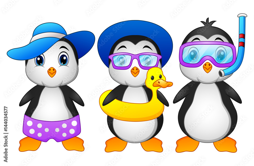 Fototapeta premium Cute cartoon penguins in summer holiday