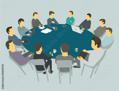 Round big table talks. Team business people meeting conference many people.