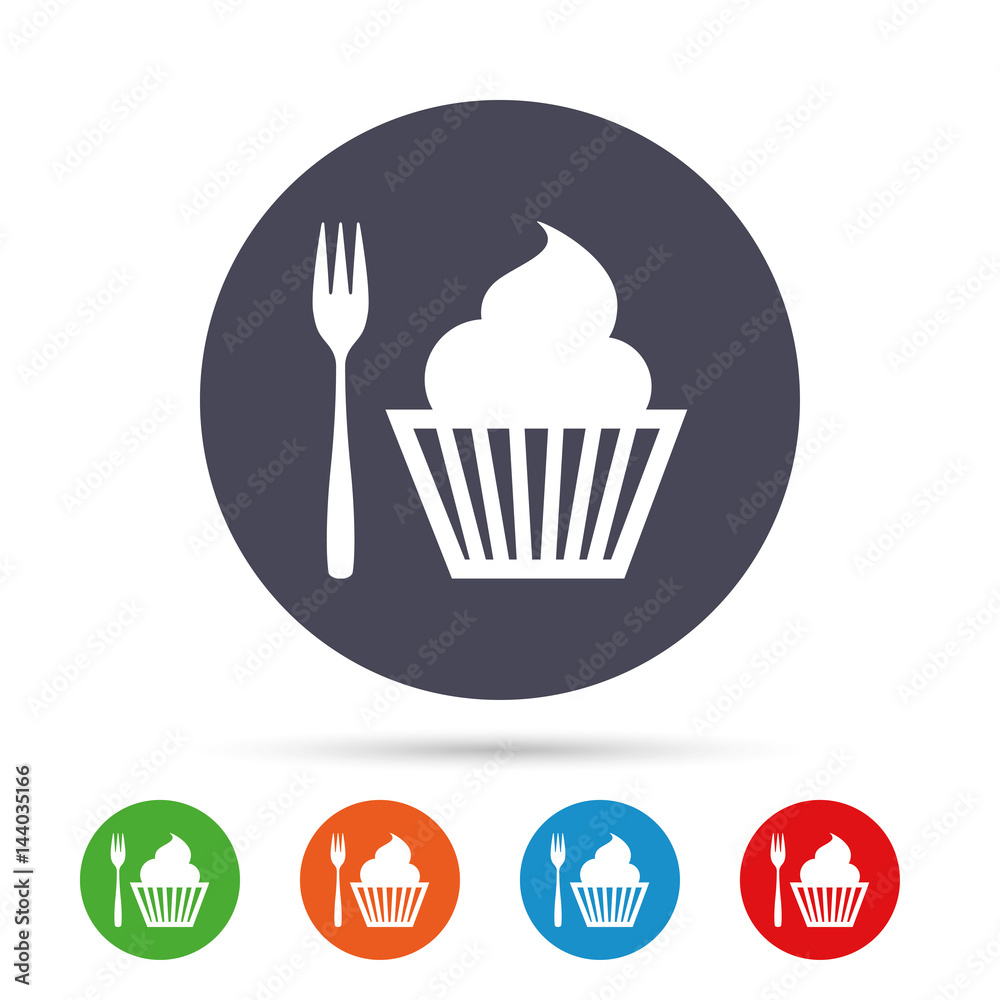 Eat sign icon. Dessert fork with muffin.