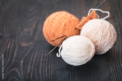Skeins of wool thread for knitting.