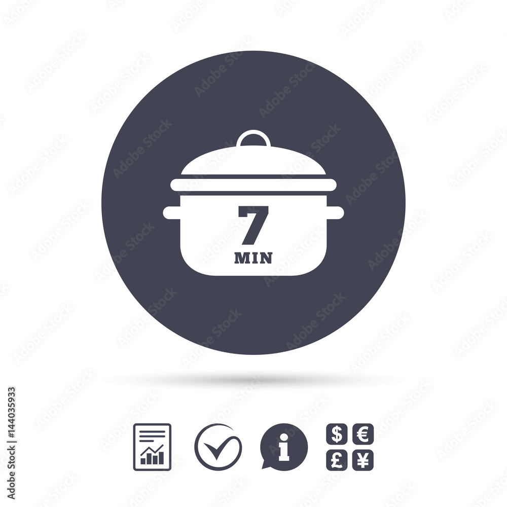 Boil 7 minutes. Cooking pan sign icon. Stew food. Boil 7 minutes. Cooking pan sign icon. Stew food.