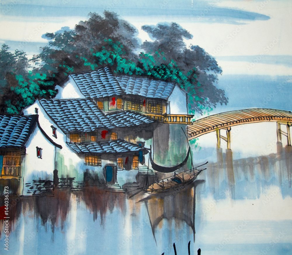 Obraz Chiński tradycyjny obraz wodny dom
