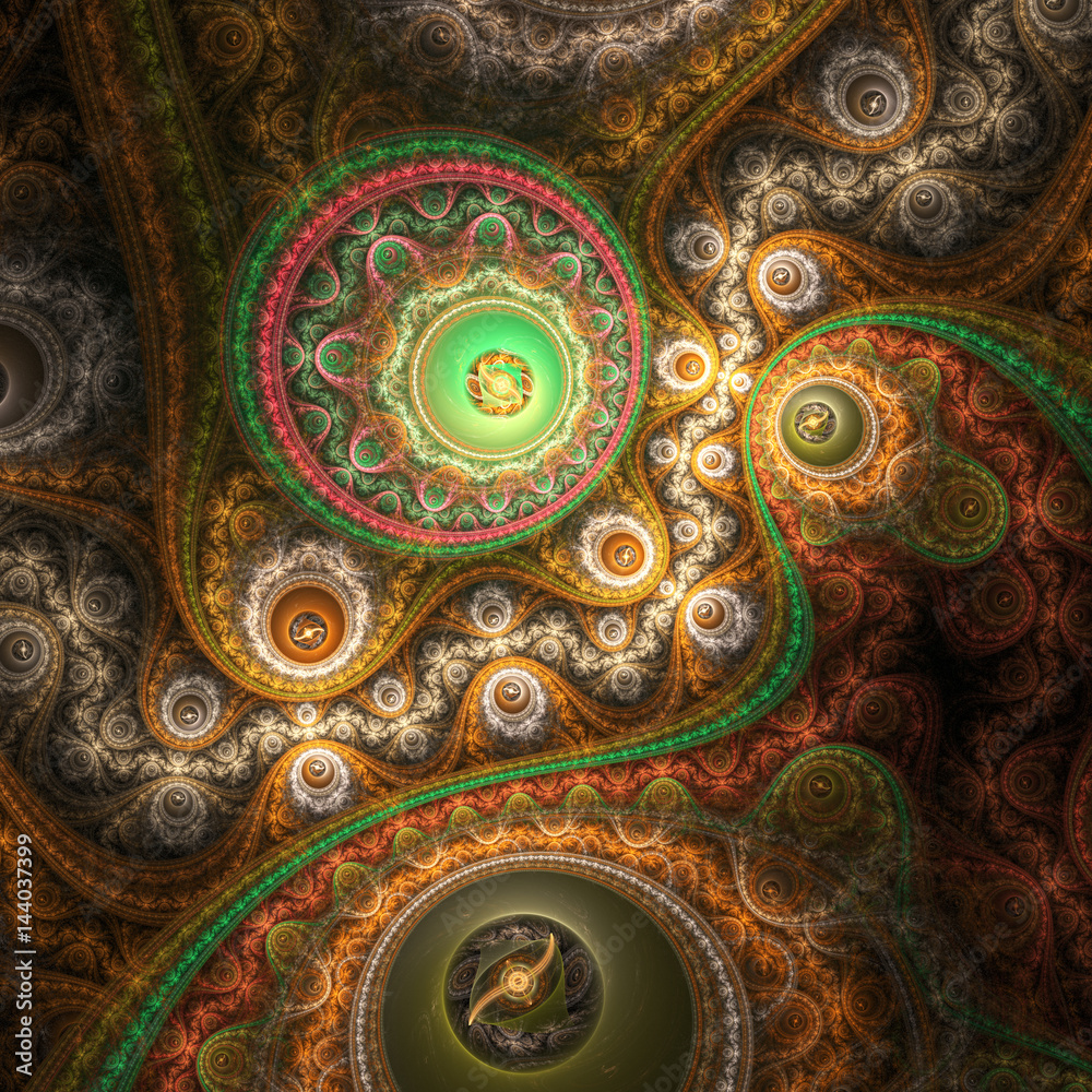 Golden fractal clockwork, digital artwork for creative graphic design