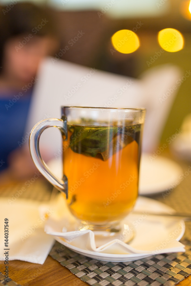 A glass of mint tea in a restaurant