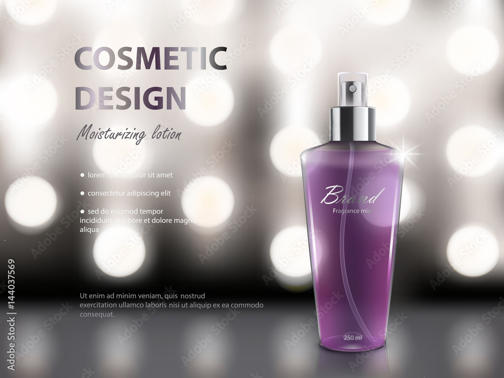 Vector 3D illustration poster with moisturizing cosmetic premium products, gray background with beautiful purple spray bottle and bright lights Vector 3D illustration poster with moisturizing cosmetic premium products, gray background with beautiful purple spray bottle and bright lights