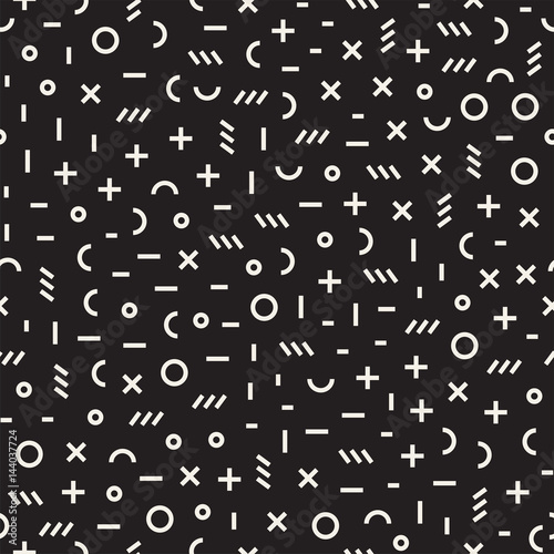 Retro geometric line shapes seamless patterns. Abstract jumble textures. Black and white scattered shapes