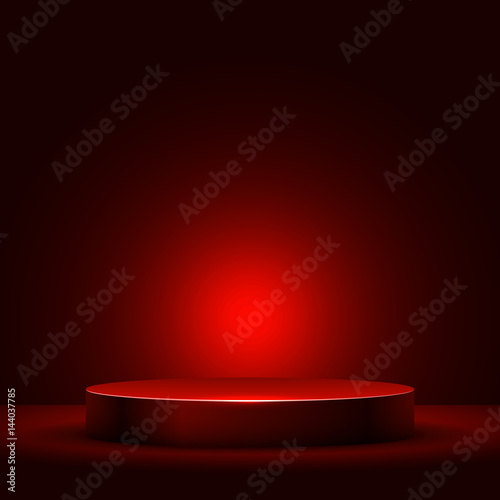 Abstract round podium illuminated with red light vector background.