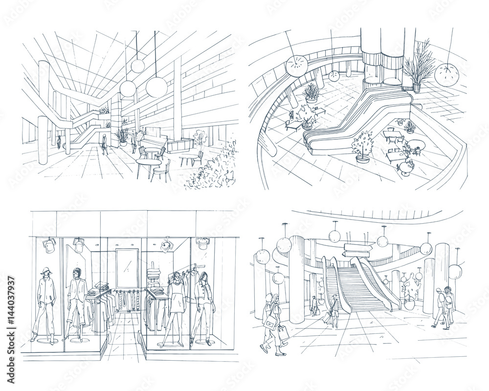 Set of modern interior shopping center. Collection various space mall. Contour sketch illustration.
