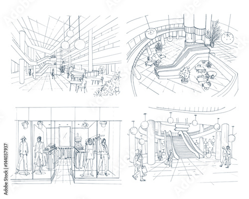 Set of modern interior shopping center. Collection various space mall. Contour sketch illustration.