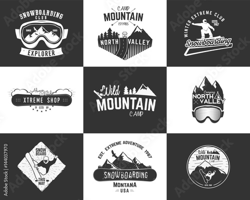 Set of Snowboarding extreme logo and label templates. Winter snowboard sport store badges, emblems. Mountain Adventure insignias with snowboarders man, rv symbol. Vector vintage monochrome style