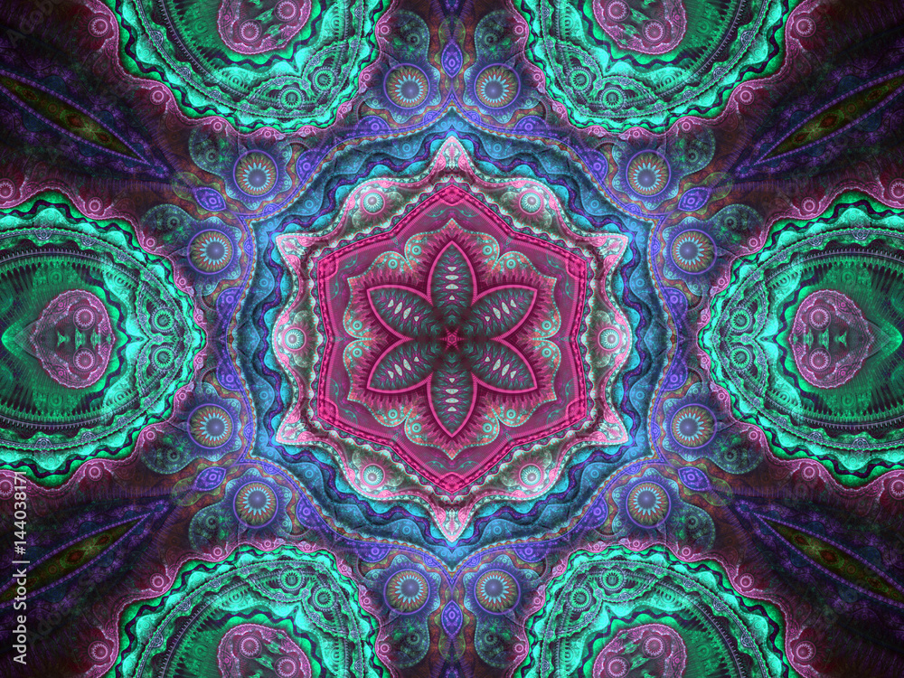 Colorful floral mandala, digital fractal artwork for creative graphic design
