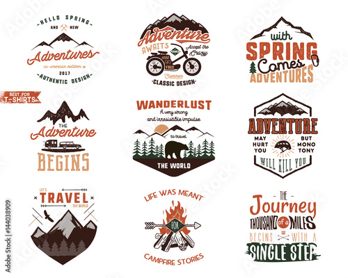 Set of Vintage adventure tee shirts designs. Hand drawn travel labels. Mountain explorer, wanderlust, expedition emblems, quotes in retro colors style.Isolated on white background. Vector illustration