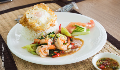 Kung Pad Cha is Favorite Thai Fried herbal vegetables with Shrimp fish squid and seafood