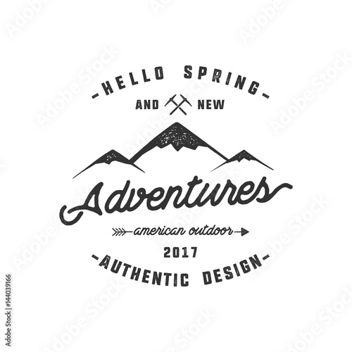 Vintage adventure Hand drawn label design. Hello spring and new adventures sign and outdoor activity symbols - mountains, climb gears. Monochrome. Isolated on white background. Vector
