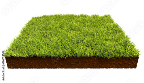 Square piece of land with green grass isolated on white background.