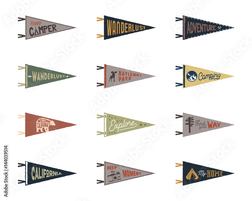 Set of adventure, surfing, camping pennants. Retro colors labels. Vintage hand drawn wanderlust style. Isolated on white background. Good for t shirt, mug, other identity. Vector illustration
