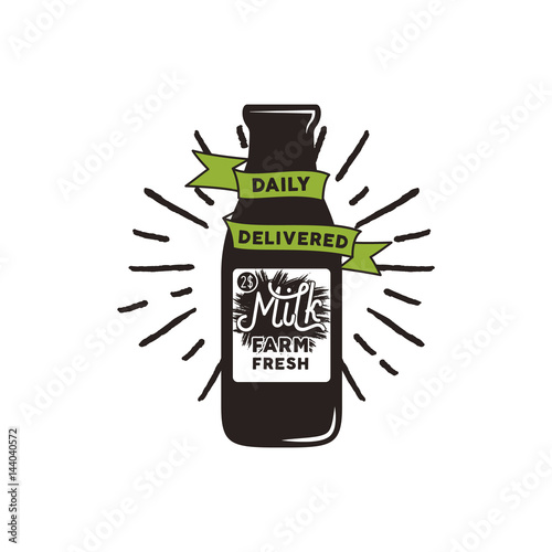 Farm fresh milk bottle with green ribbon, sunbursts and text - daily delivered. VEctor eco concept. Isolated on white background
