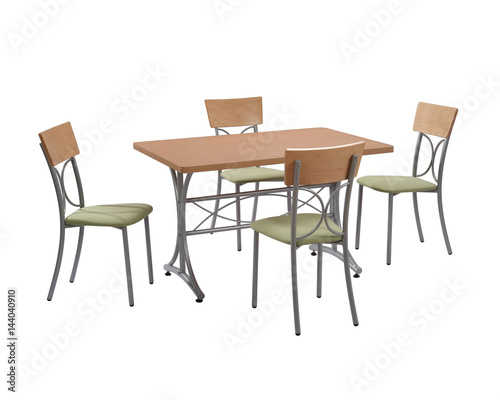 Dining table and four chairs isolated on white background with clipping mask.

