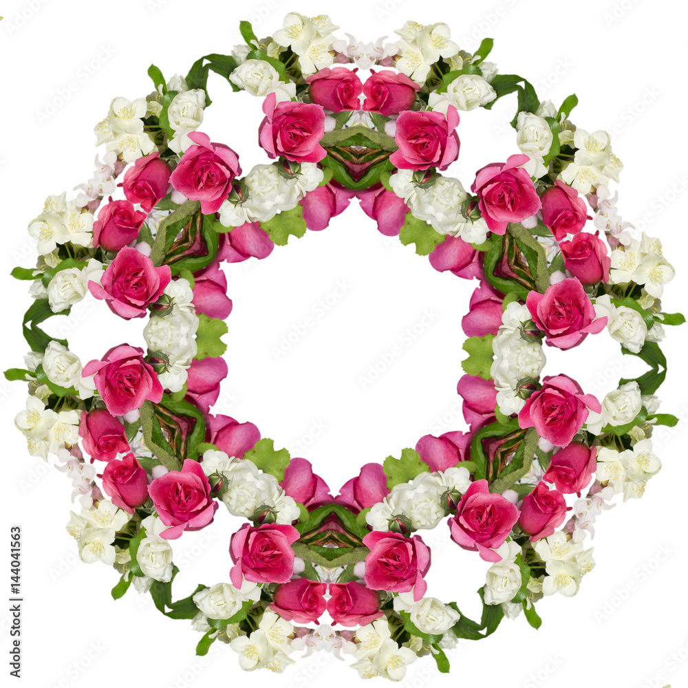 red roses ornament,flowers wreath,caleidoscope filter