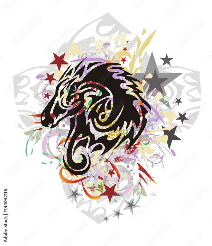 Grunge tribal mustang with a dragon inside. Flaming horse head with the twirled young dragon inside against the background of a decorative gray cross with colorful floral splashes and asterisks