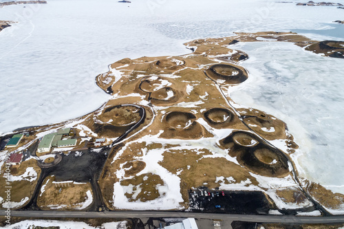 Aerial view of pseudocraters near the frozen lake Myvatn - northern Iceland photo