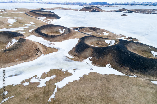 Aerial view of pseudocraters near the frozen lake Myvatn - northern Iceland photo