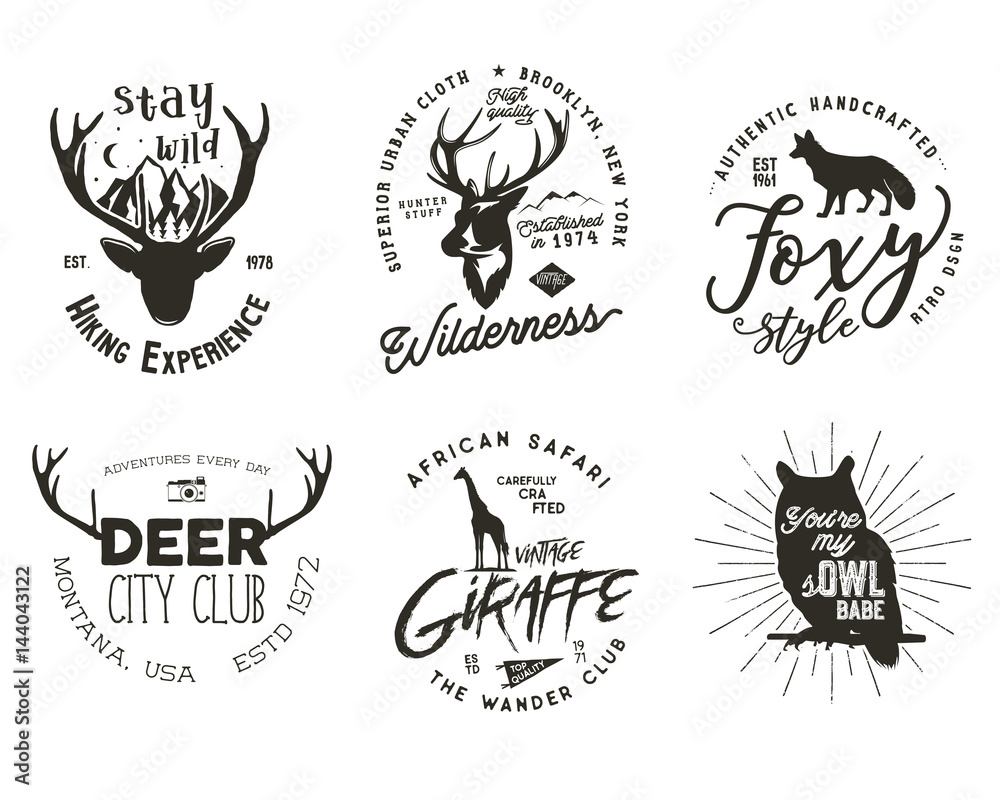Wild animal badges set. Included giraffe, owl, fox and deer shapes. Stock vector isolated on white background Wild animal badges set. Included giraffe, owl, fox and deer shapes. Stock vector isolated on white background