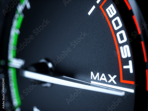 Hybrid car illuminated dashboard speedometer tachometer with full energy level and MAX BOOST power. 3d renderin illustration