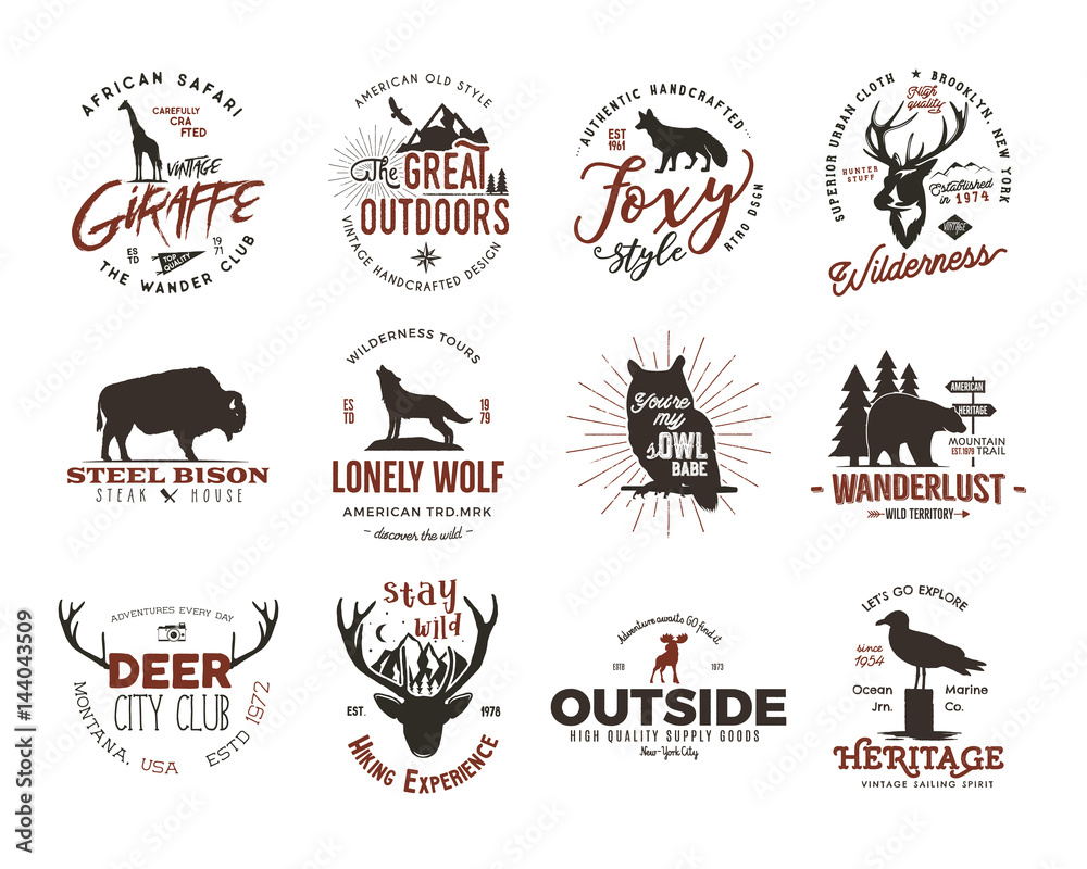 Fototapeta premium Wild animal badges set. Included giraffe, owl, fox and deer and other shapes. Full set. Stock vector isolated on white background