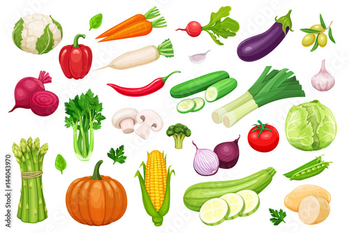 Vector vegetables icons set in cartoon style.