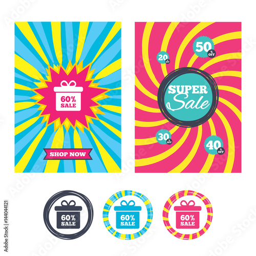 60 percent sale gift box tag sign icon.
