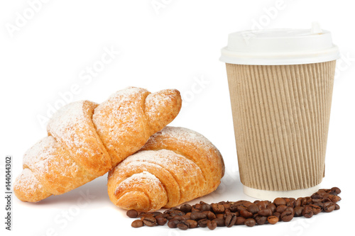 fresh croissant with coffee isolated on white background