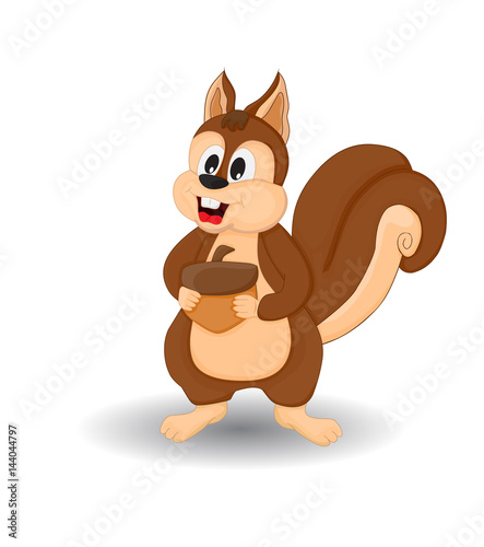 cartoon funny squirrel smiling holding pinecone isolated