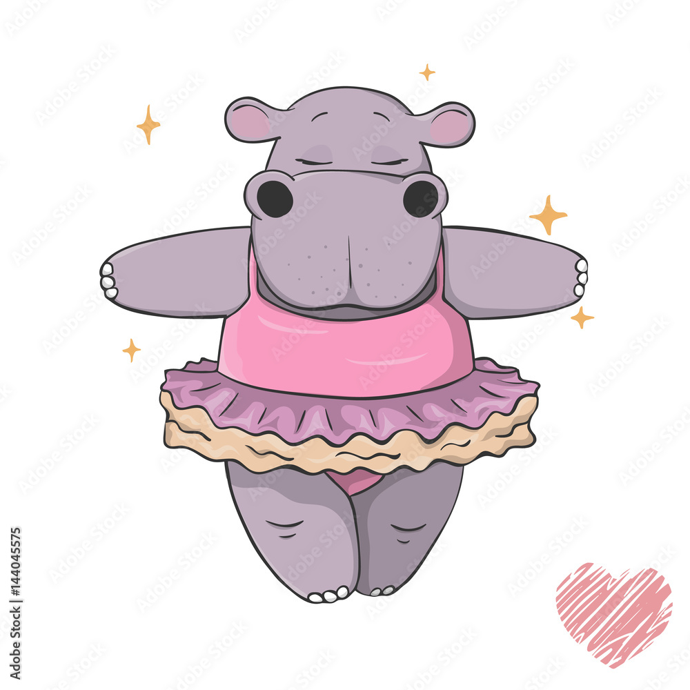 Fototapeta kolorowy ręcznie rysowane kreskówka hipopotam taniec balet w tutu na białym tle. zarys ilustracji wektorowych. tańczące zwierzęta. Wektor dla dzieci