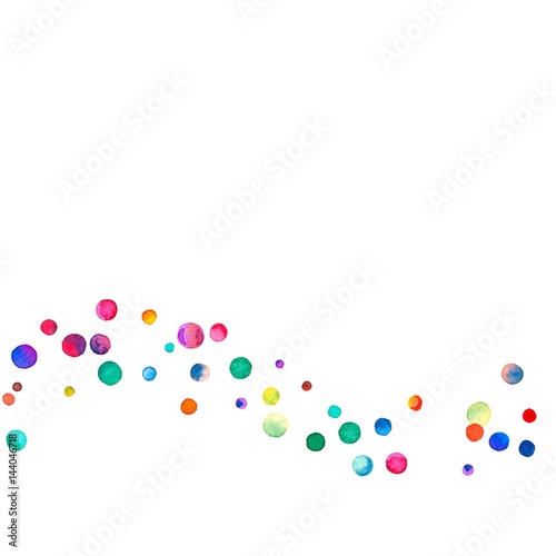 Sparse watercolor confetti on white background. Rainbow colored watercolor confetti bottom wave. Colorful hand painted illustration.
