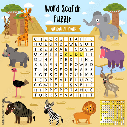 Words search puzzle game of african animals for preschool kids activity worksheet layout in A4 colorful printable version. Vector Illustration.