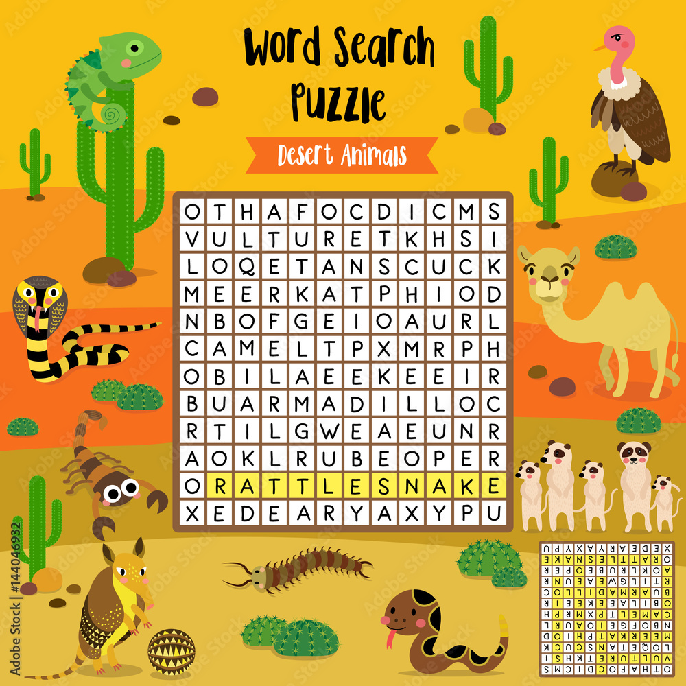 words search puzzle game of desert animals for preschool kids activity worksheet layout in a4 colorful printable version vector illustration stock vector adobe stock