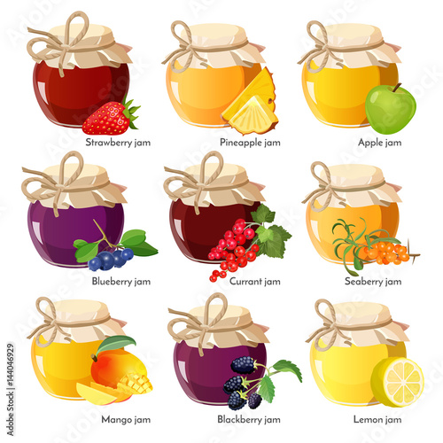 Jars with red strawberry, healthy pineapple, apple and blueberry jam