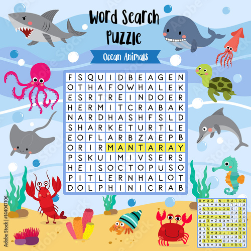 Words search puzzle game of ocean animals for preschool kids activity worksheet layout in A4 colorful printable version. Vector Illustration.