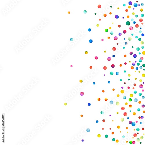 Dense watercolor confetti on white background. Rainbow colored watercolor confetti scatter bottom gradient. Colorful hand painted illustration.