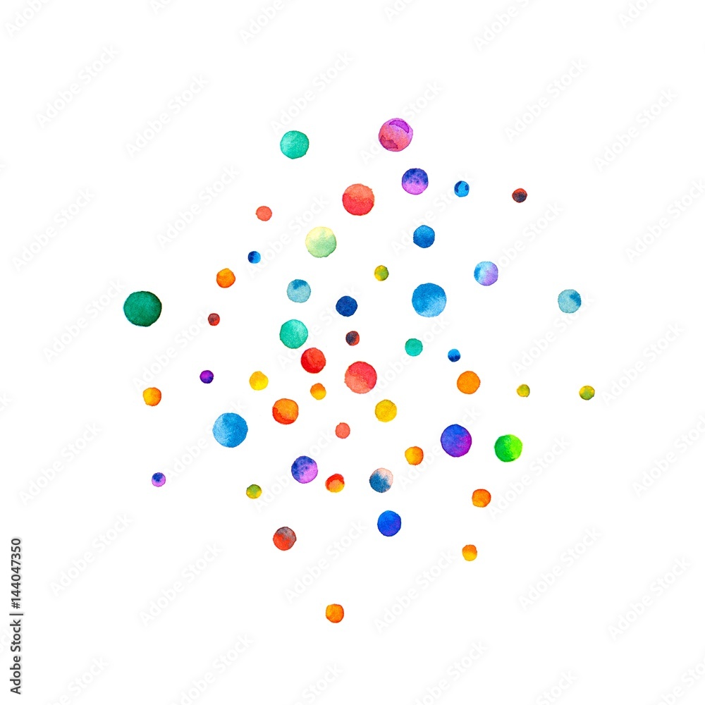 Sparse watercolor confetti on white background. Rainbow colored watercolor confetti sphere. Colorful hand painted illustration. - obrazy, fototapety, plakaty 