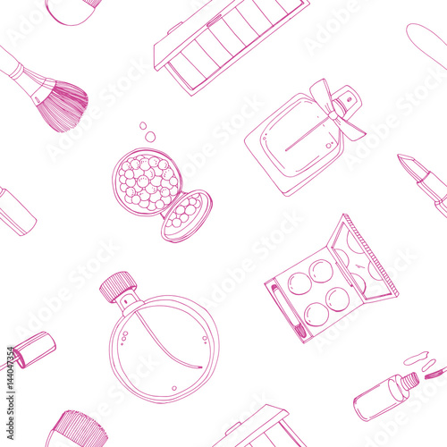 Fashion cosmetics seamless pattern with make up artist objects. Colorful vector hand drawn illustration.